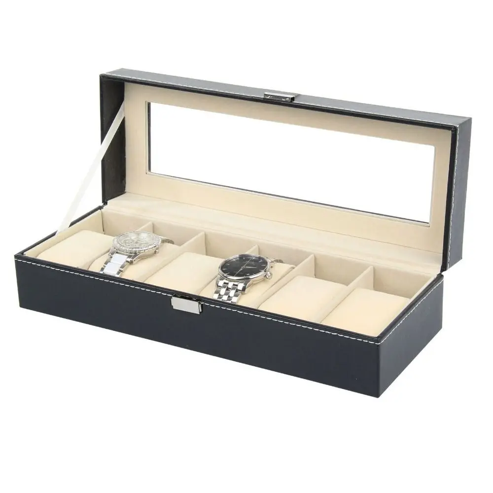 6/10/12 Grid PU Leather Watch Box Black Men Watch Display Box Durable Storage Luxury Jewelry Storage Packaging