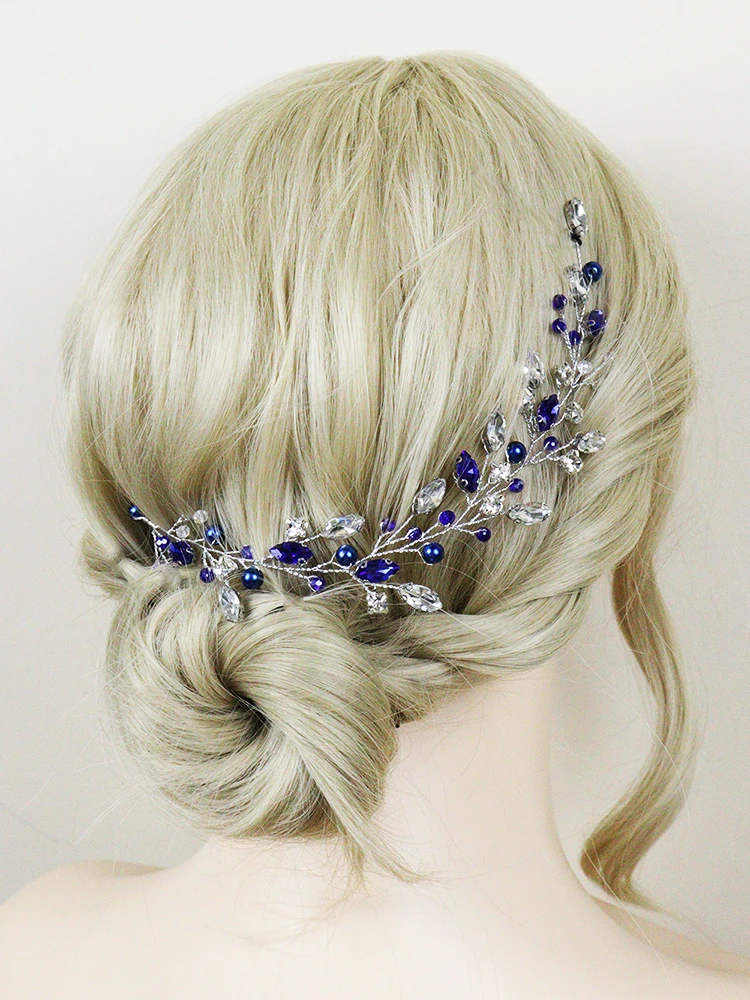 Blue Rhinestone Headband Handmade Pearls Women Head Jewelry Party Prom Wedding Hair Accessories for Bride Headdress Hair Vine