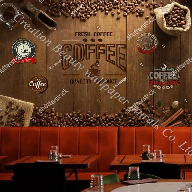 

Coffee Cup and Coffee Beans Backdrop 3D Photo Mural Wallpaper for Cafe Bar Leisure Restaurant Industrial Decor Wall Paper