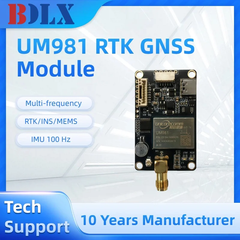Module RTK GNSS UM981S/UM981 haute précision pour drone, connecté à un récepteur, sur fond blanc.