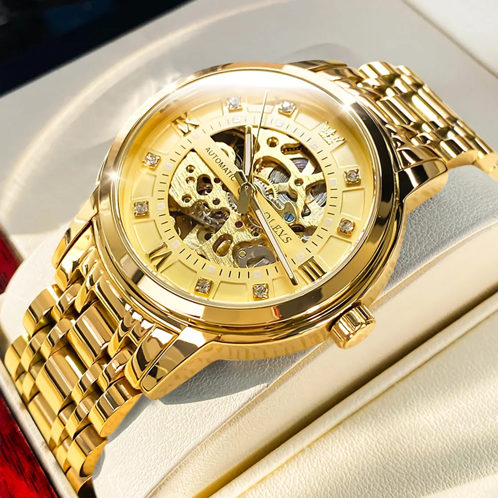 OLEVS Original Luxury Skeleton Automatic Watch for Men Mechanical Diamond Stainess Steel Waterproof Luminous Wristwatch Gift Man