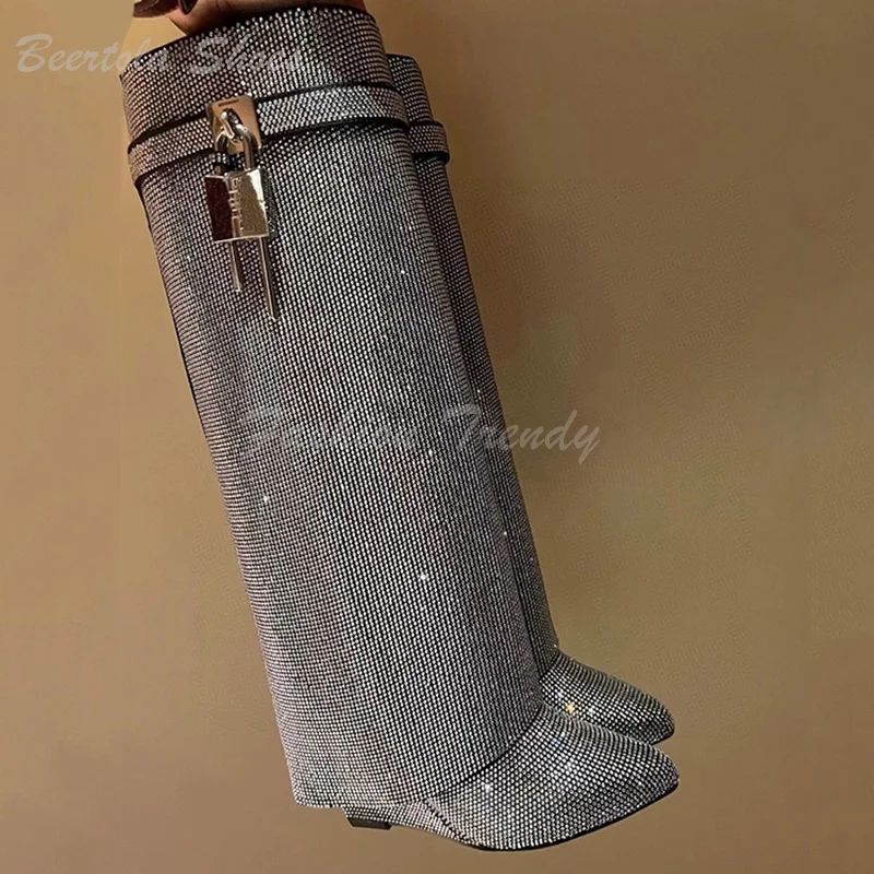 Pink Crystal Flat Knee Boot Women Luxury Diamond Black Leather Round Toe Calf Booties Silver Black Metal Buckle Zip Fashion Shoe