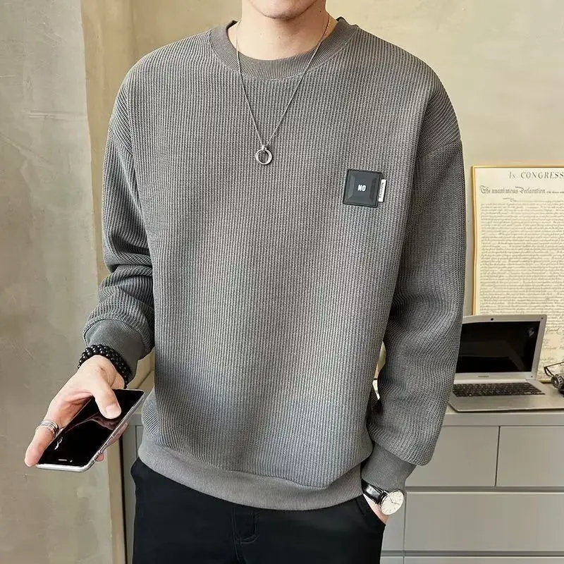 Men's Clothing Basic Solid Color Sweatshirts Casual Round Neck Spring Autumn Stylish Patch Designs Korean Long Sleeve Pullovers