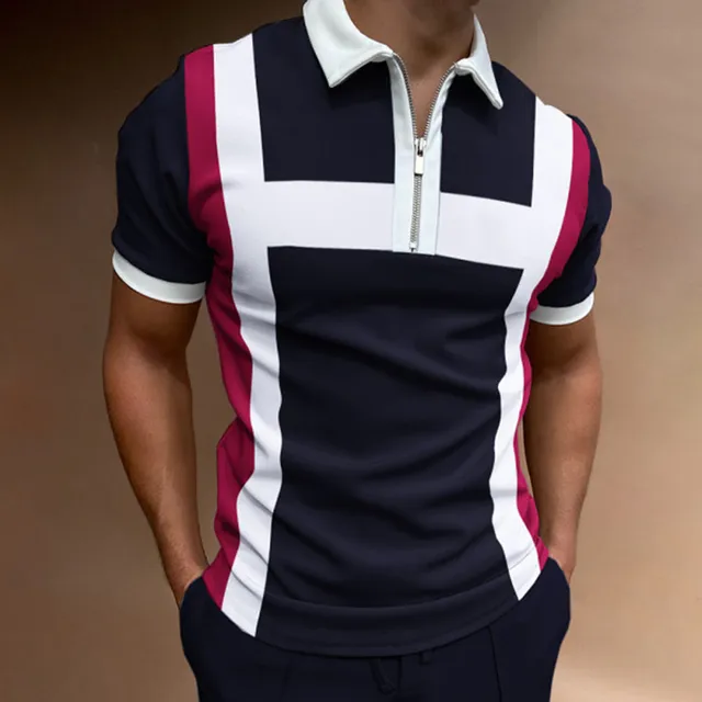 2022 New Style High Quality Men Polo Shirts Casual Patchwork Homme Polo Shirt Short Sleeve Turn-Down Zipper Collar Polo L-013