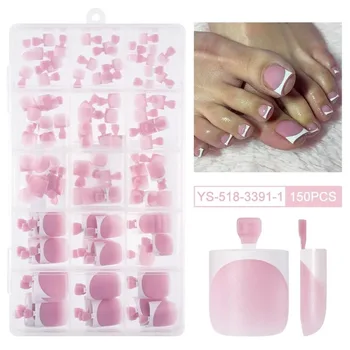 150PCS Glossy Nude Pink French Press on Toenails Short Square Fake Toe Nails Full Cover Acrylic Toenail Tips for Women 1
