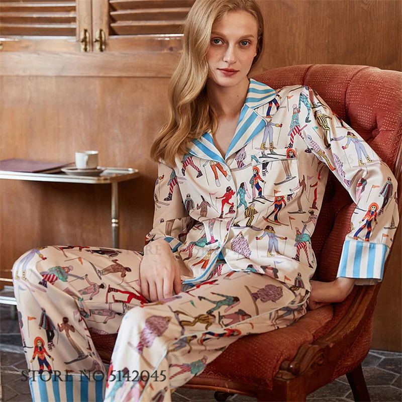 Шелковый атласный пижамный комплект, ночная рубашка с принтом, милая мультяшная пижама Mujer, осенне-весенняя женская домашняя одежда, одежда для сна с длинными рукавами