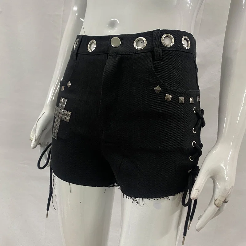 Y2K Sommer High Street Gothic Punk Sexy Mode-Trend Kreuz-Design mit Strass-Effekt Ins Trend Marken-Nischen-Shorts – Detail 4