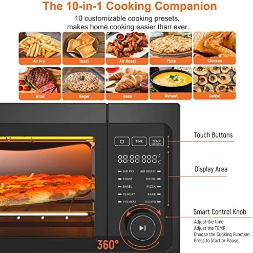 

Fryer Toaster Oven Combo - Fabuletta 10-in-1 Countertop Convection Oven 1800W, Flip Up & Away Capability for Storage Space, Fre