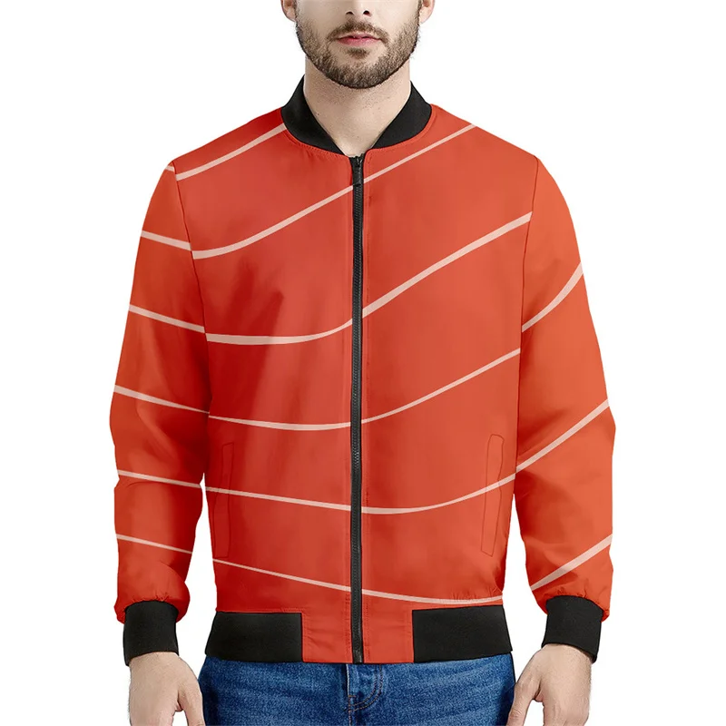 Chaqueta bomber con estampado 3D de salmón fresco para hombre y mujer, sudadera con estampado de carne de pescado sashimi, chaquetas de calle de manga larga con cremallera