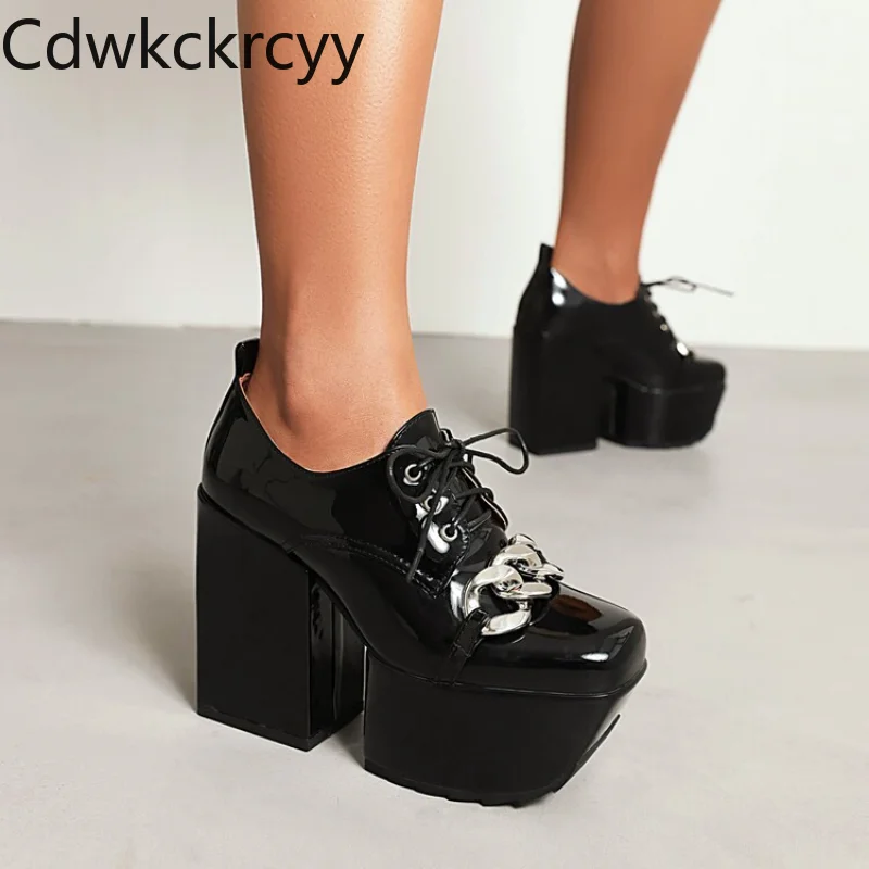 

spring autumn New styles fashion Square head high-heeled Women's Shoes Metal chain decoration Frenulum Square heel Women Shoes
