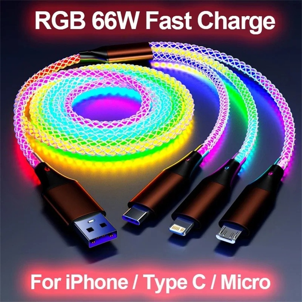 66W 3 in 1 Fast Charging Cable 6A Type C Micro USB Cable RGB Colorful Streamer Glowing Line USB Cable For iPhone Samsung Xiaomi