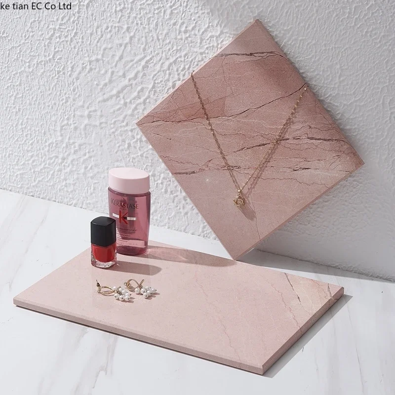 European style natural pink marble tray Aromatherapy Bottle Makeup Bottle Storage Tray Decorative Tray Jewelry Display Plate 4