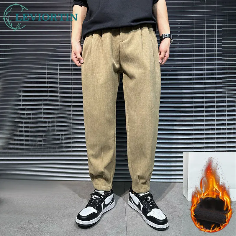 

Men's Casual Sweatpants Pants 2022 Fall Winter Corduroy Solid Color Fleece Lining Loose Keep Warm Leggings Harun Pants for man