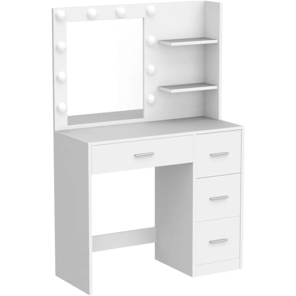 Illuminated Makeup Vanity Table with Storage and Mirror, 4-Drawer Bedroom Dressing Table with 10 LED Lights