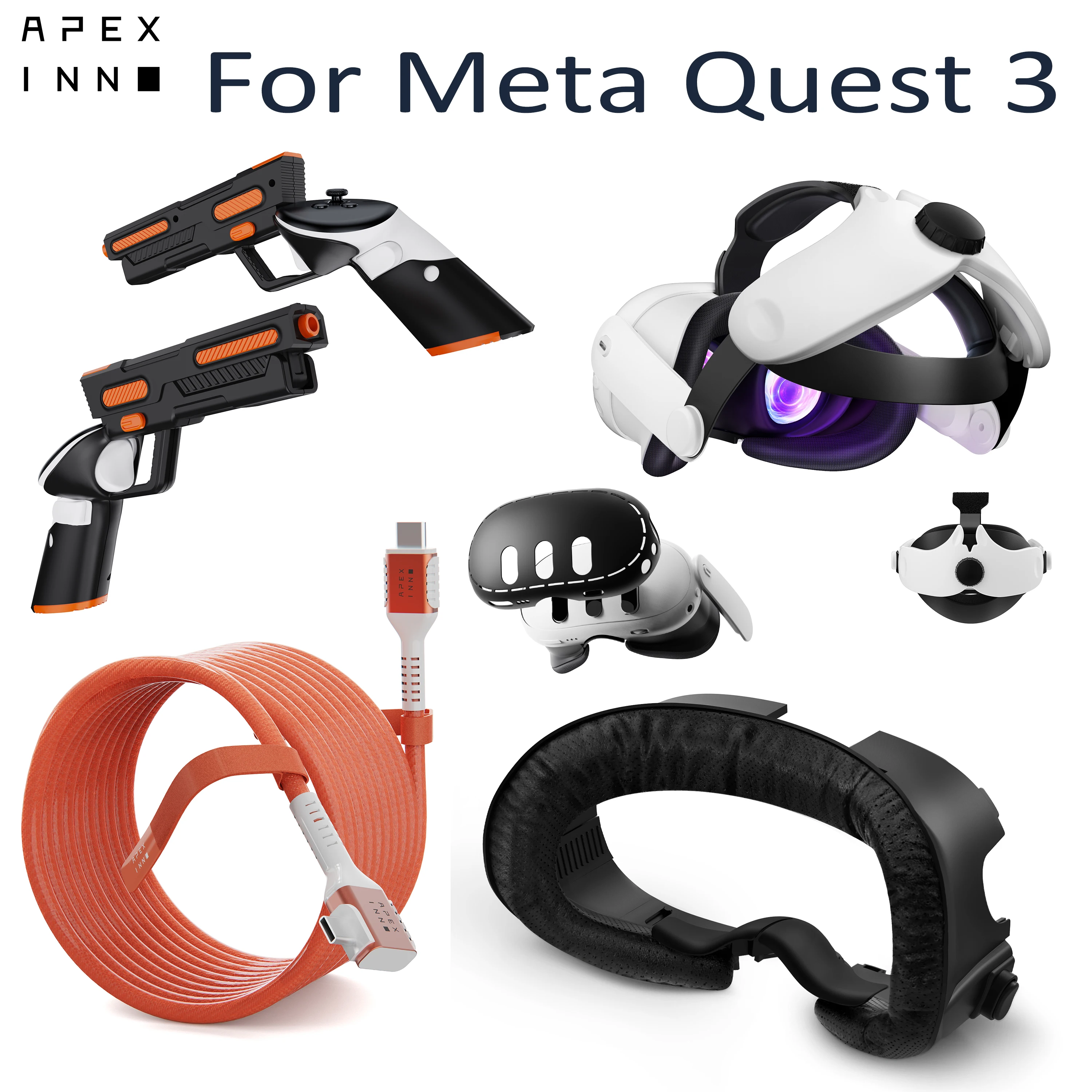 

APEXINNO VR Facial Interface 20FT Link Cable Gun Stock Cover Head Strap Silicone Shell Cover For Meta Quest 3 VR Accessories