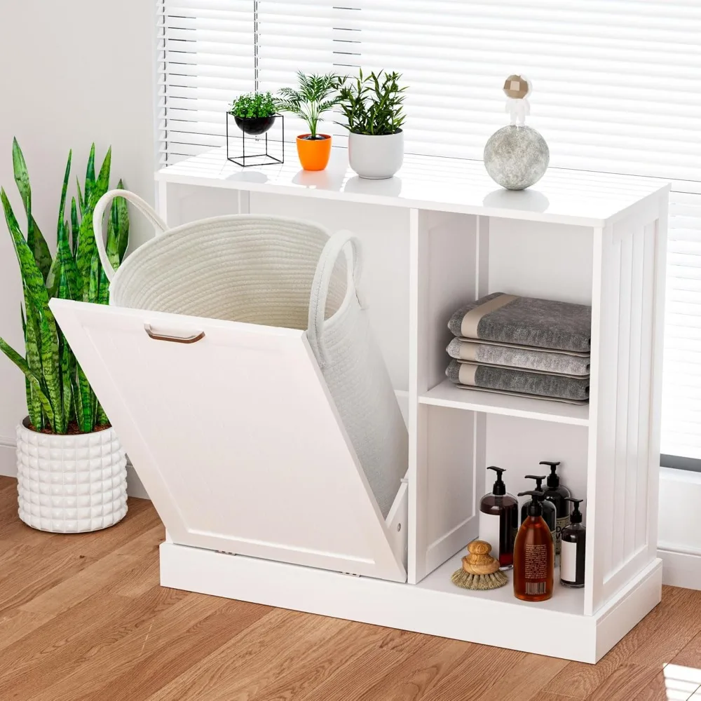 Tilt Out Laundry Hamper Cabinet with Laundry Baskets Hamper,Bathroom Storage Cabinet,10 Gallon Tilt Out Trash Cabinet(White)