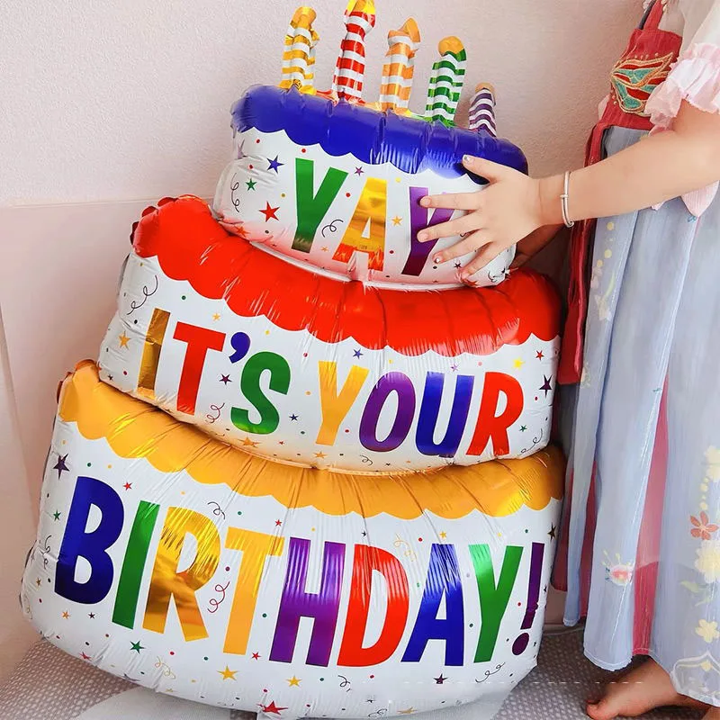 1pc-Birthday Balloons Colorful Candles Three Tier Cake Aluminum Foil Balloons Birthday Party Decoration Supplies