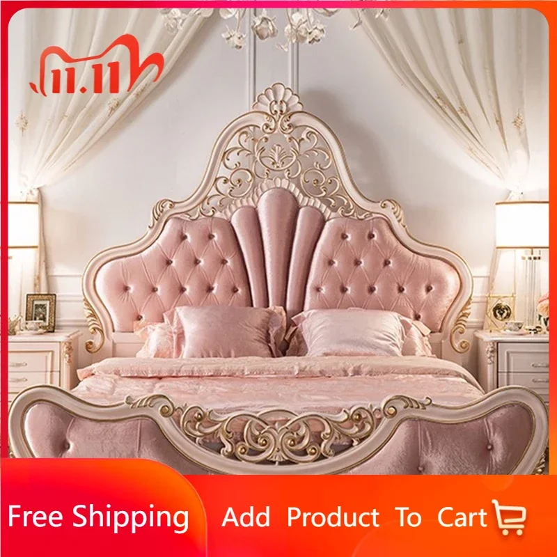 French Style Double Bed Elegant Pretty Pink Princess Bed Luxury Villa Cama Matrimonial Queen Bedroom Furniture Set