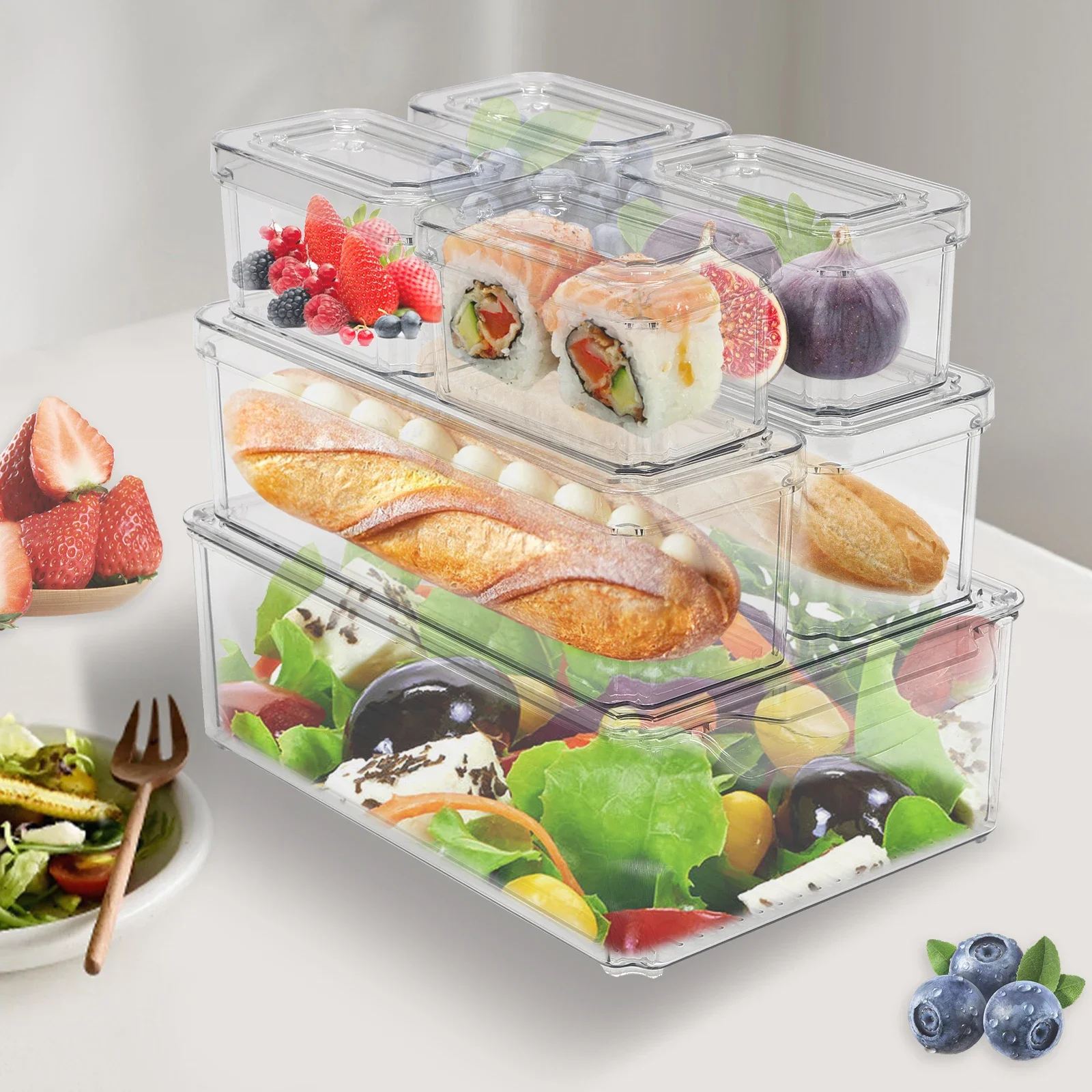Set of 7 Fridge Organisers Stackable Storage Containers with Lids Clear Plastic Storage Bins for Fruits Vegetable Freezer