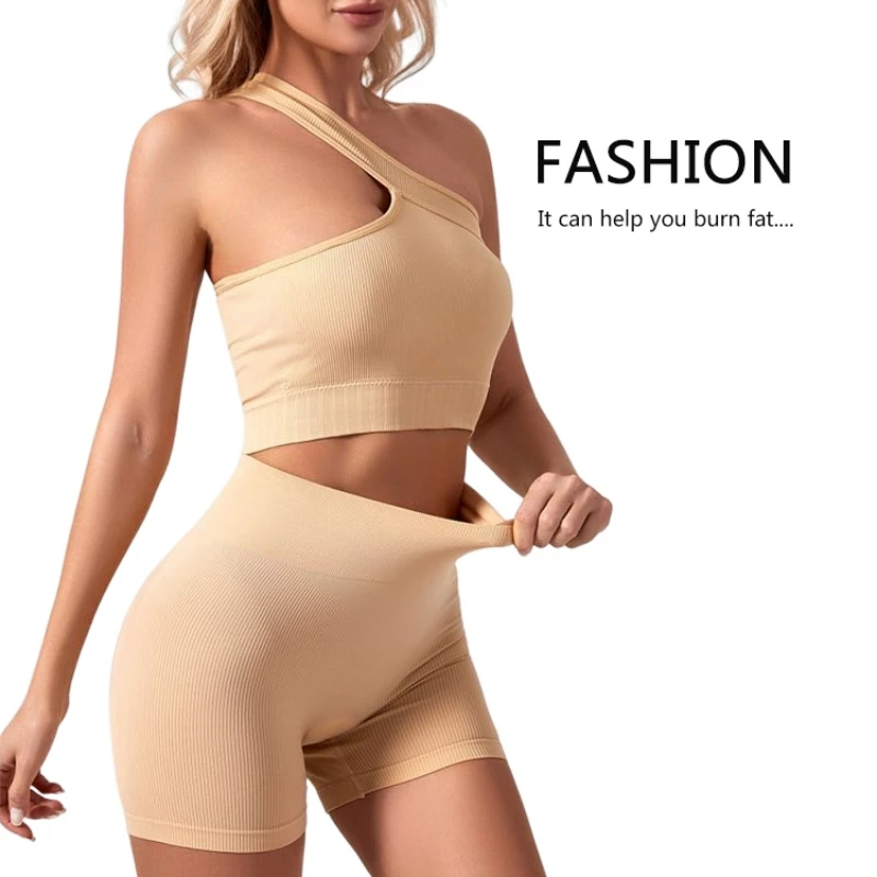 2 Pcs Yoga Set Women Seamless Gym Sportswear Outfits Workout Fitness Bras Female One Shoulder Sports Suit High Waist Shorts