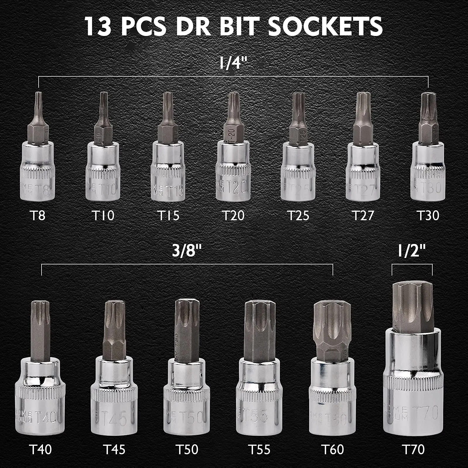 13피스 Torx 비트 소켓 세트, CRV 소켓, S2 스틸 비트, 1/4인치(T8-T30), 3/8인치(T40-T60) 및 1/2인치(T70) 드라이브, 케이스 포함