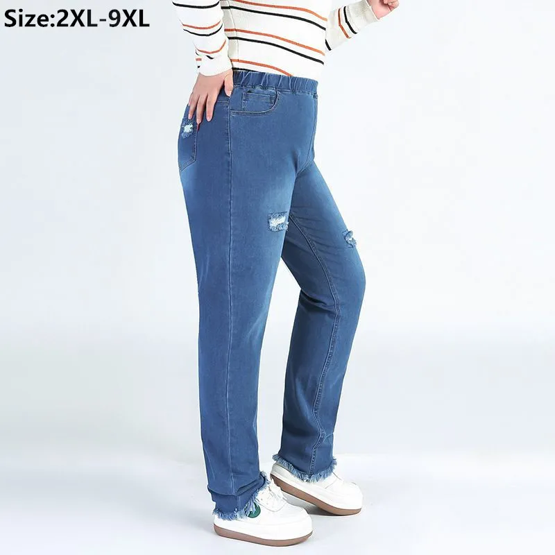 

Plus Big Size 9XL 8XL 7XL Stretched Ripped Jeans For Women 140KG Female Slim Fit High Waist Pencil Denim Trousers Black Pants