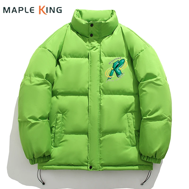 

Winter Jacket Men Fluorescent Green Parka Coats Harajuku Women Cotton Padded Letter Print Hip Hop Warm Bomber Hombre Windbreaker