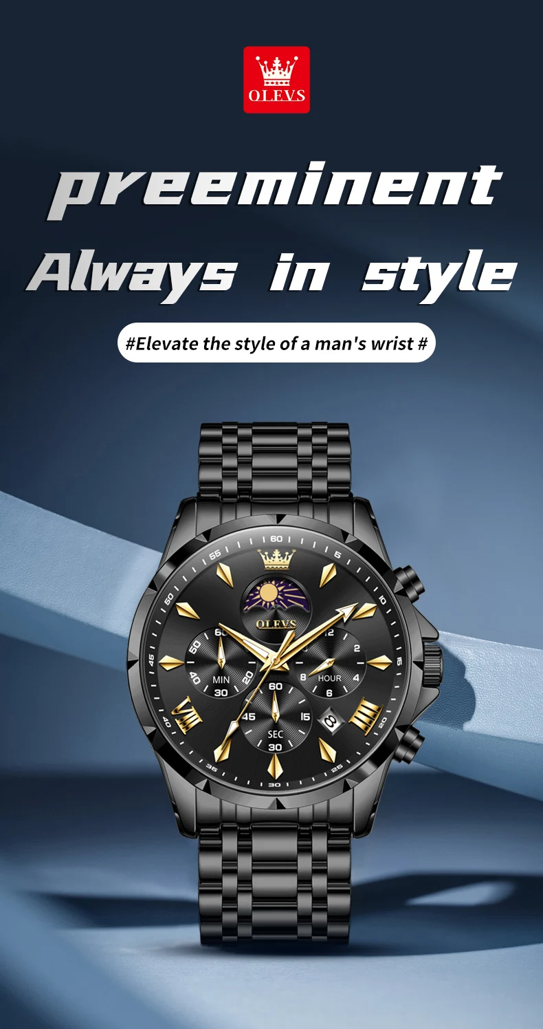 OLEVS 3653 Moon Phase Men Watch Luxury Brand Quartz Watch Fashion Original Waterproof Luminous 24-hour Automatic Date Men Watch