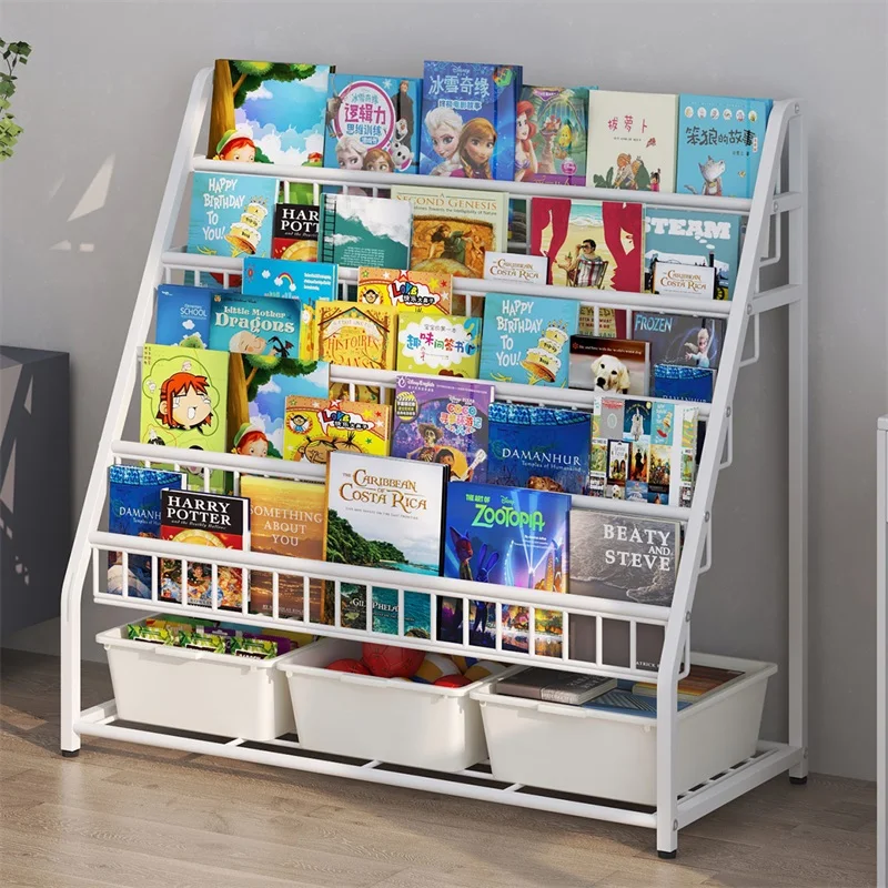 Children's bookshelf storage rack, floor standing household mobile toy storage rack with drawers