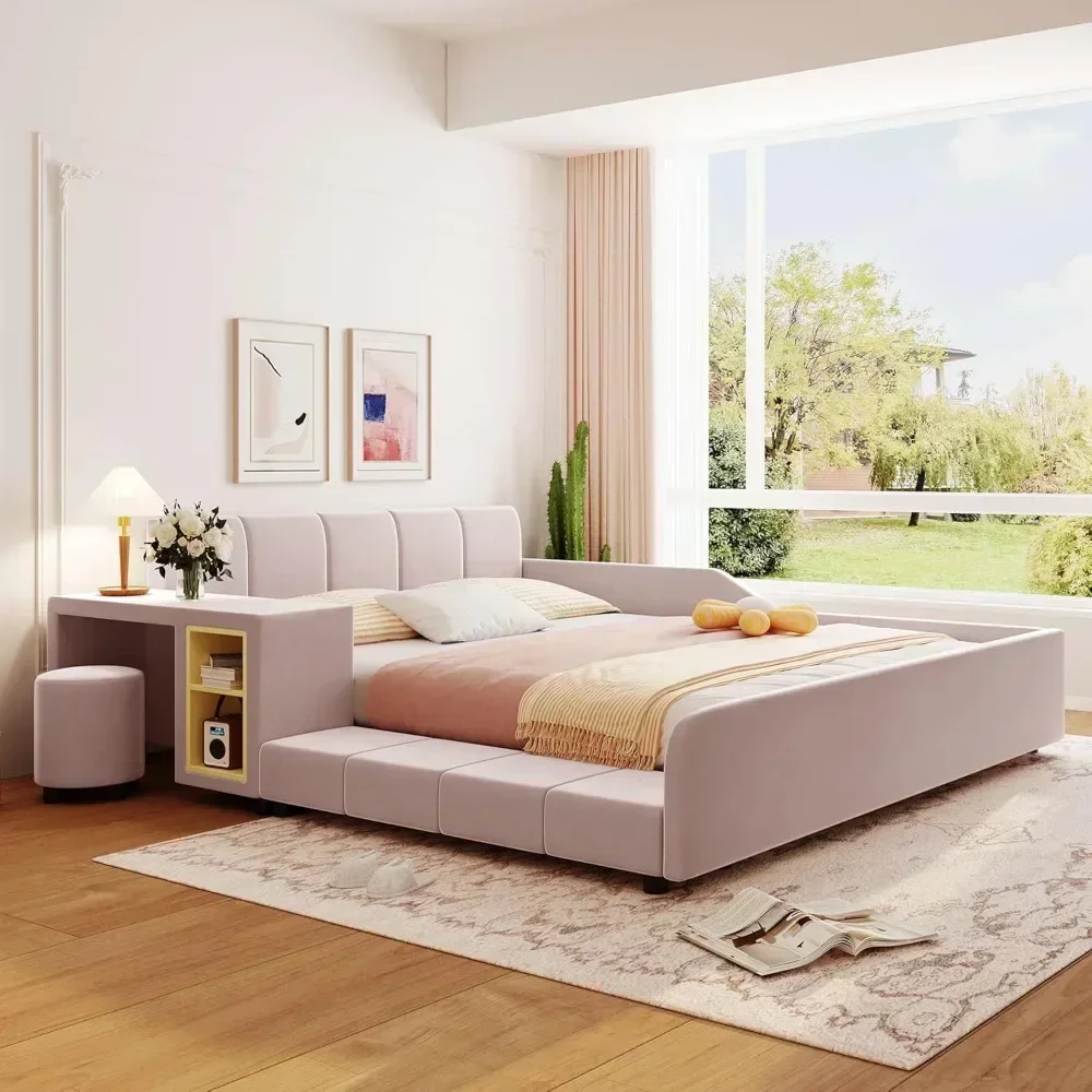 Upholstered Grounded Bed Platform Bed,with Bedside Desk and Little Round Stool Wooden Queen Size Mother & Child Bed Frame 2