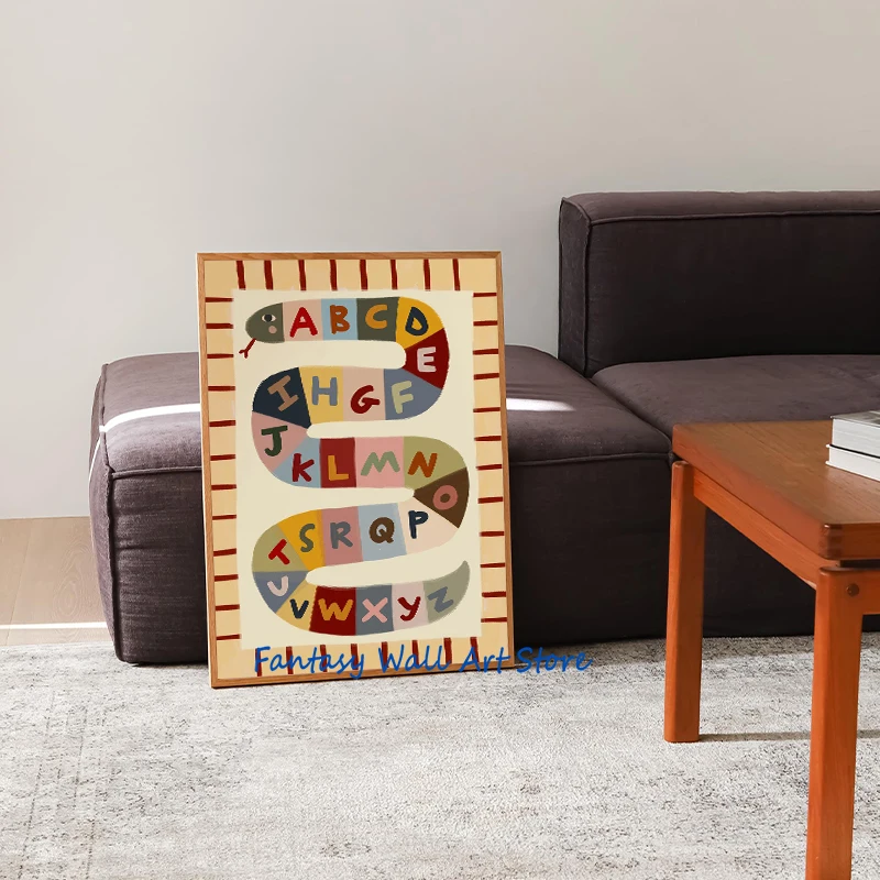 Poster su Tela con Primi Esercizi di Scrittura, Alfabeto, Numeri, Insetti, Stile Boho, Disegni Artistici per Cameretta Bambini - immagine 3
