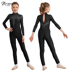 Kids Girls Ballet Gymnastics Leotard Figure Skating Dance Performance Costume Long Sleeve Rhinestone Unitard Sheer Mesh Jumpsuit