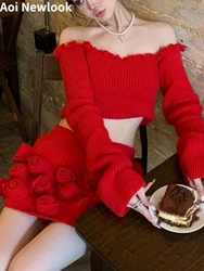 Spice Girl Red Rose Flower Suit Women's Autumn Winter New Ruffled Knitwear Sweater+Hip Skirt Slim-Fit Festival Party 2-Piece Set