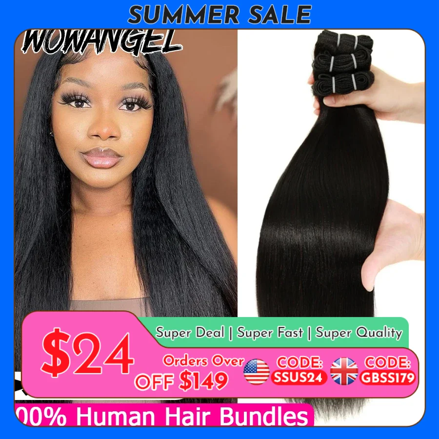 WOWANGEL Light Yaki Straight Human Hair Bundles Bouncy Fluffy Kinky Straight Virgin Hair Extensions Natural Black Double Weft 1