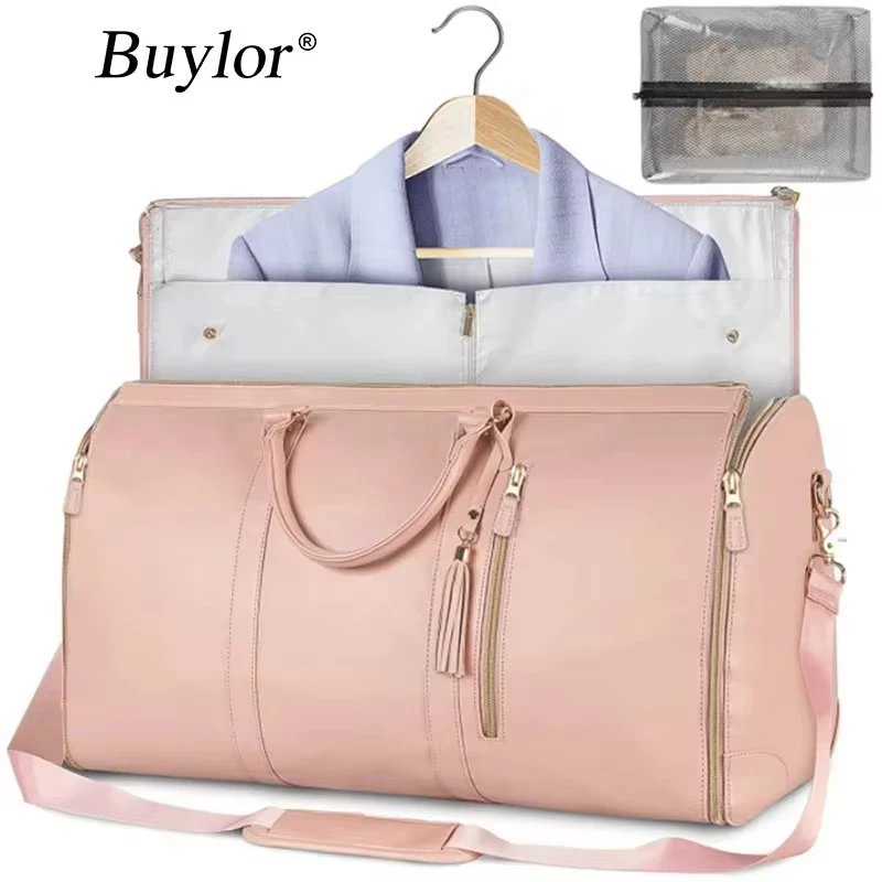 Buylor PU Travel Foldable Suit Storage Bag Large Capacity Duffle Bag Women's Handbag Waterproof Tote Gym Bag Outdoor Fitness Bag 1