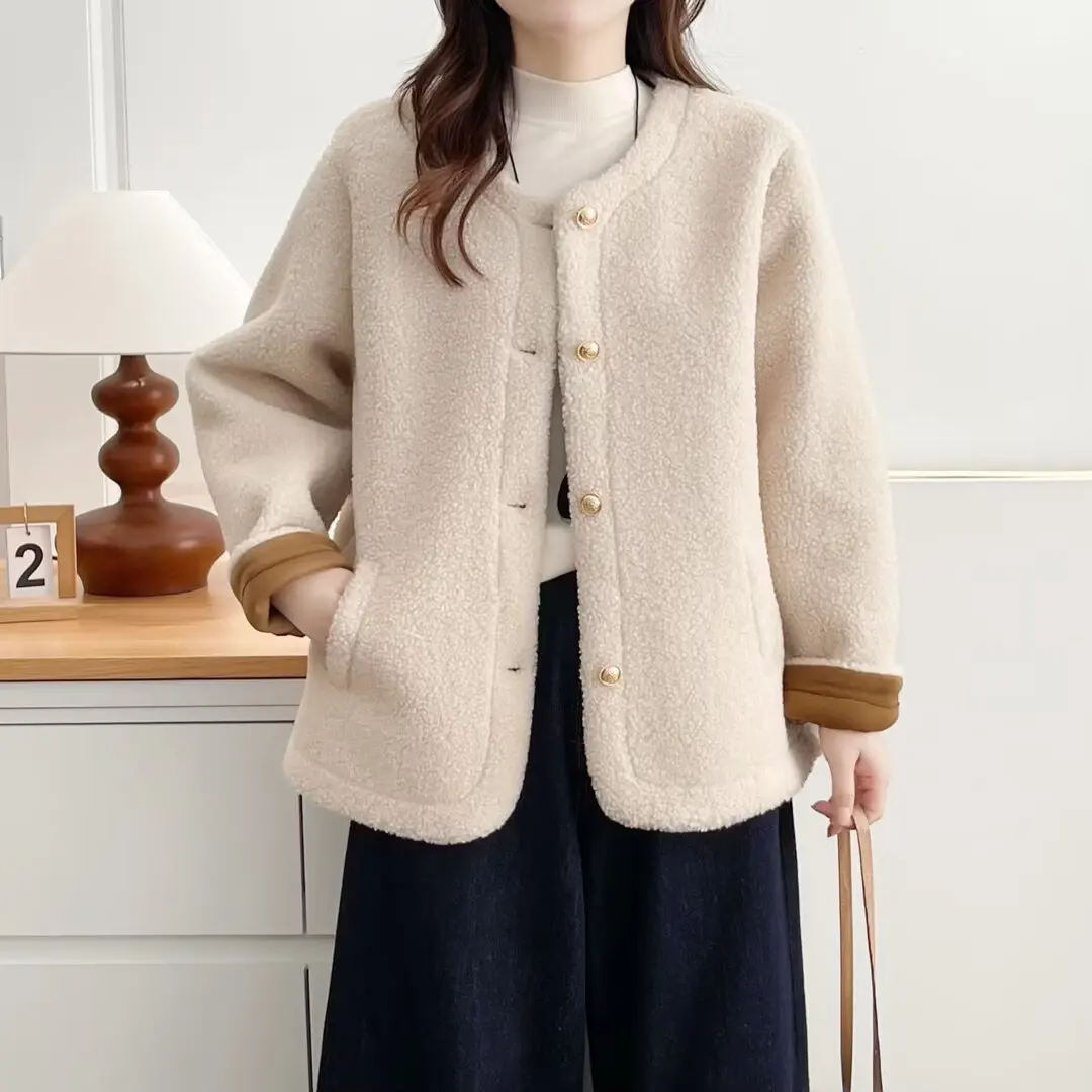 XXXXL Fashion Plus Size Women's Coat 2025 Winter New Simple Chic Style Fleece Warm Jacket Block Color Cuffs Outerwear 2589