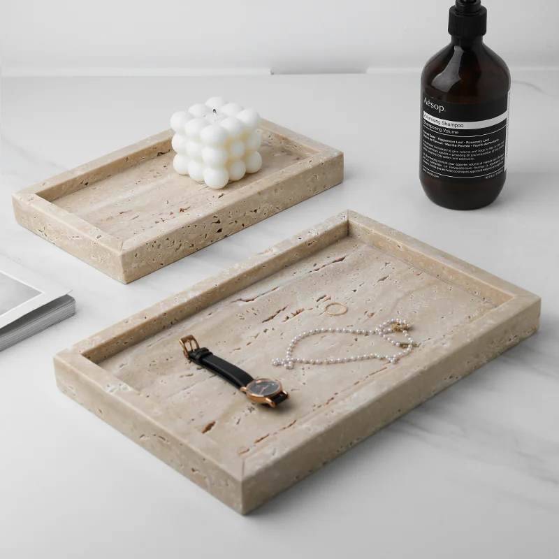 Minimalism Marble Tray for Perfume Candles Jewelry Travertine Stone Vanity Tray for Dresser Countertop Coffee Table Serving 3