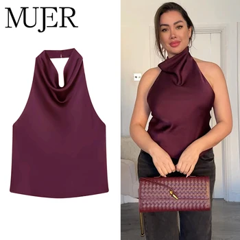 MUJER Satin Halter Tops for Women off Shoulder Backless Tops Woman 2026 Sexy Strapless Women's Tops Camisole Beach Top Female 1
