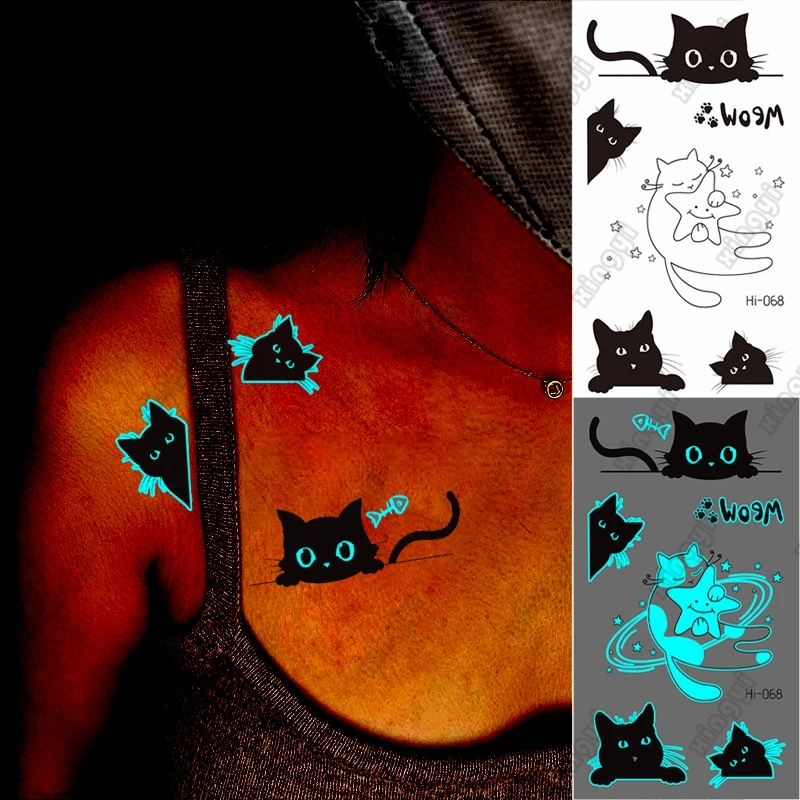 

Синяя светящаяся тату-наклейка, черная кошка, водостойкая, искусственная татуировка на запястье с маленькими пальцами для боди-арта, для женщин, детей, мужчин