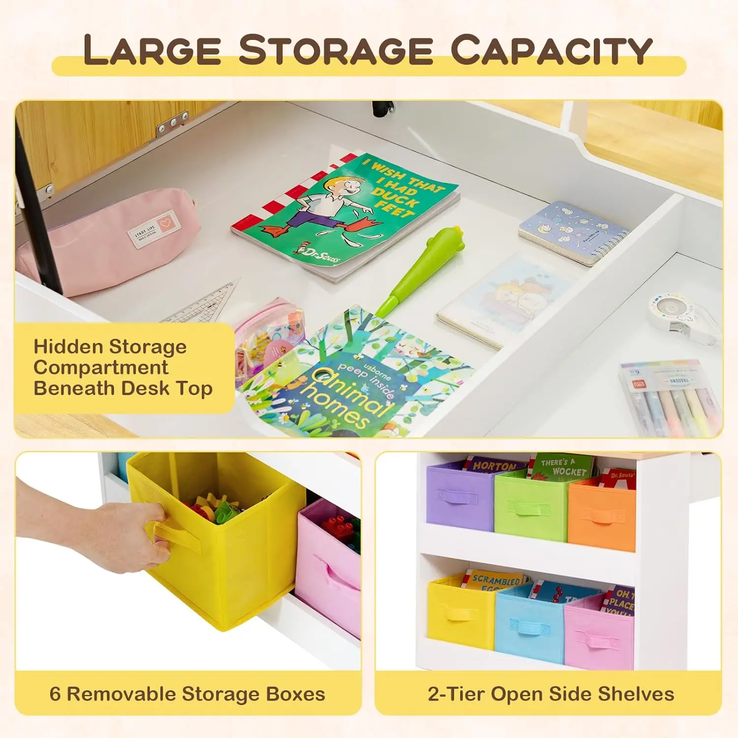 3 in 1 Kids Table and Chair Set, Wood Art Table & Easel Set with 2 Chairs, 6 Storage Bins, Paper Roller, Paint Cups for