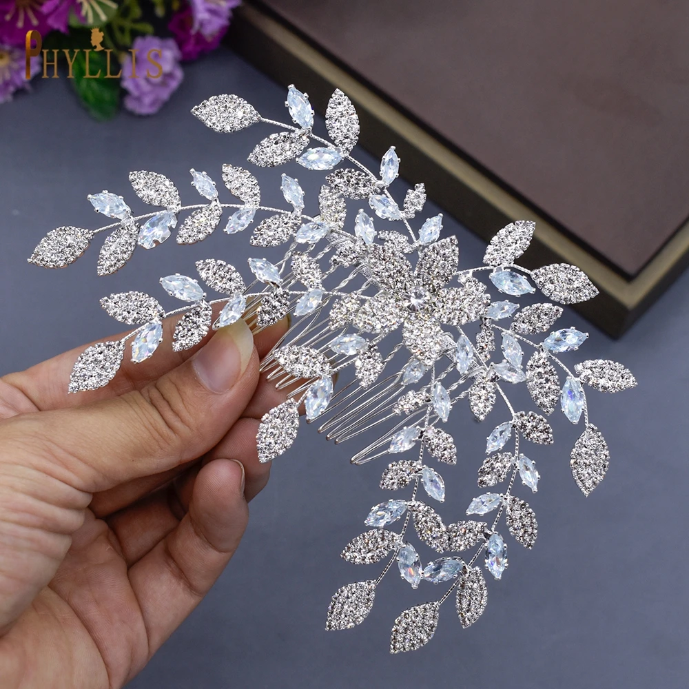A53 Leaf Shape Silver Color Bridal Hair Combs 2022 Rhinestone Wedding Headpiece Vintage Style Bride Tiaras Women Hair Jewelry