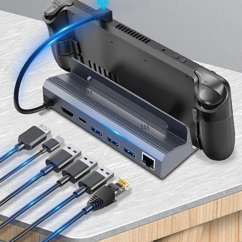AEE7-Rocoren 스팀 도킹 스테이션 6 In 1 허브 USB 유형 C - 호환 4K 60Hz RJ45 USB 3.0 Steamdeck 충전 TV 베이스