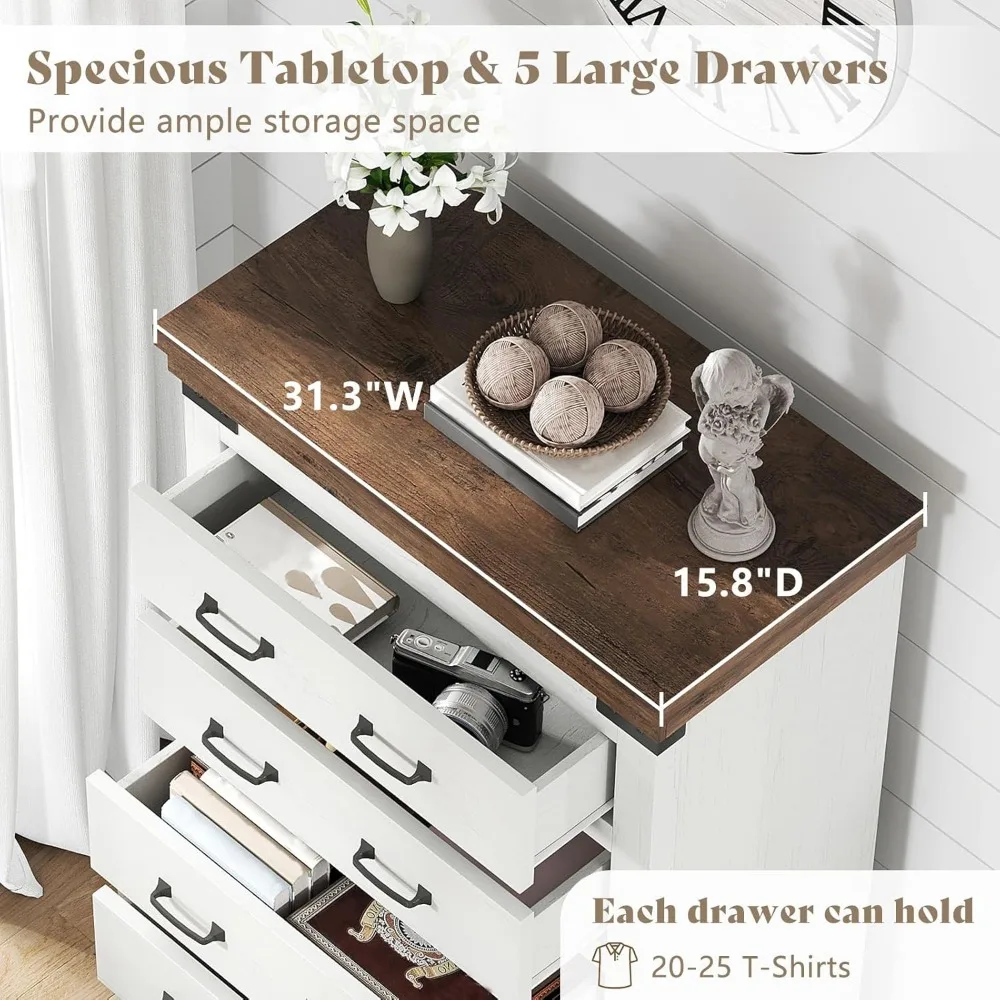 Farmhouse 5 Drawers Dresser Chests for Bedroom, 48" Tall Wood Rustic Chest of Drawers/w Thick Plank Styling, Closet, Wardrobes 3