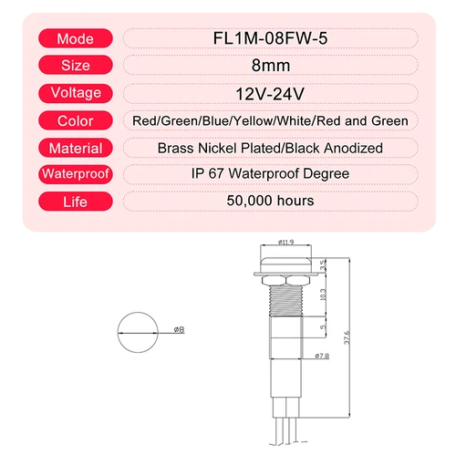 FILN LED 블랙 하우징, 레드, 옐로우, 화이트, 블루, 그린, 12V 표시등, 20cm 케이블 포함, 8mm 3