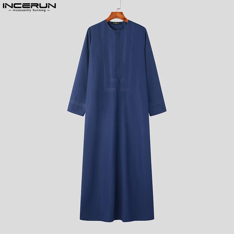 

INCERUN 2024 Men's Muslim Jubba Thobe Patchwork O-neck Long Sleeve Vintage Islamic Arabic Kaftan Robes Men Casual Caftan S-5XL