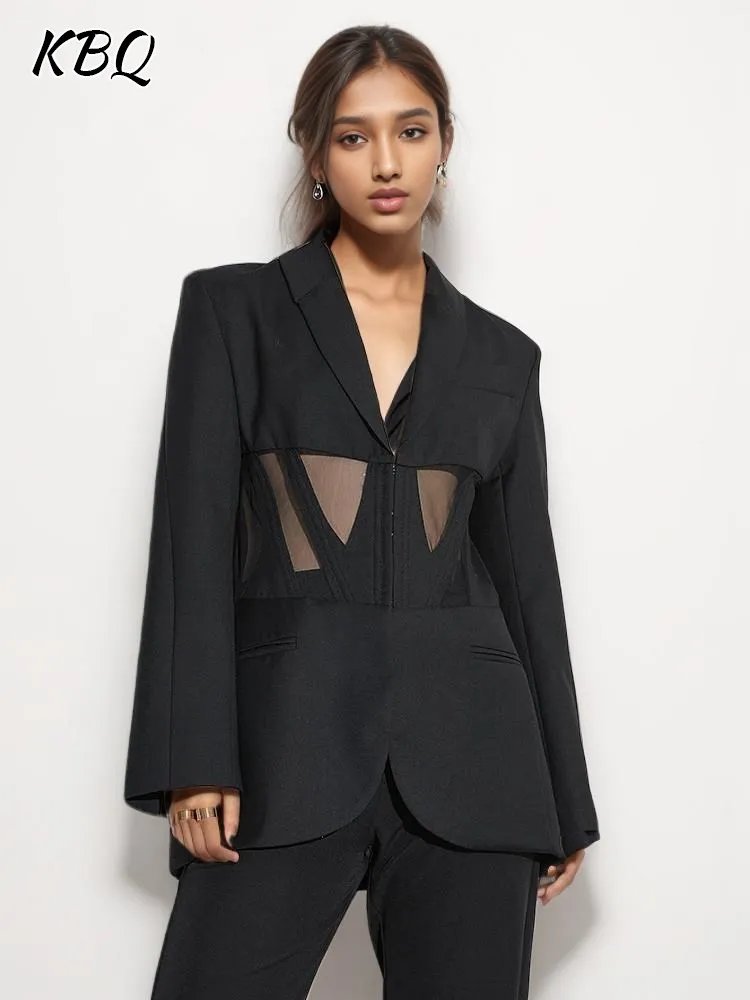 

KBQ Spliced Sheer Mesh Slimming Blazers For Women Notched Collar Long Sleeve Minimalist Casual Blazer Female Fashion Clothes New