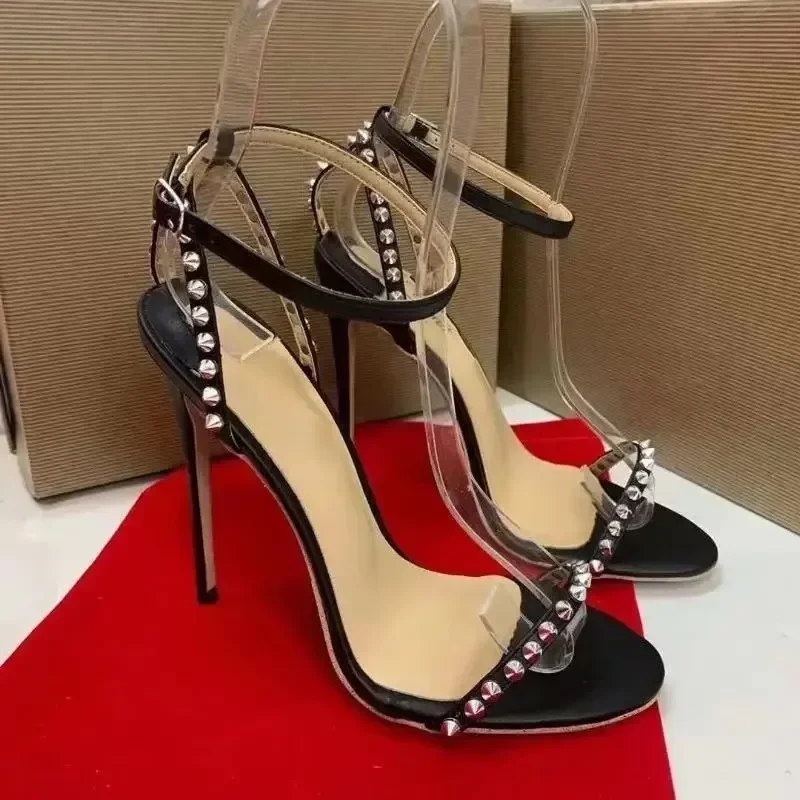 

High Quality Red Bottom Sexy and Charming One-line Buckle Rivet Thin Heel Sandals Female Open Toe Stiletto Shoes 12cm 10cm 8cm