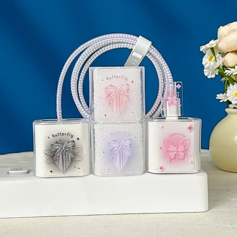 5pcs Butterfly Case For Apple 18W/20W US Fast Charger Head Cover For iPhone 14/13/12 Data Cable Type C Cable Protection Sleeve