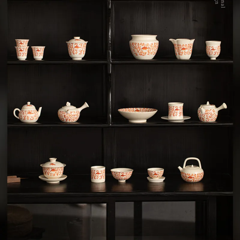 Retro Soda Glazed Fish Poems Gaiwan Japanese Tea Tureen Tea Bowl With Lid Kit Tea Maker Cover Bowl 1 Bowl 3 Cups Kit Teaware