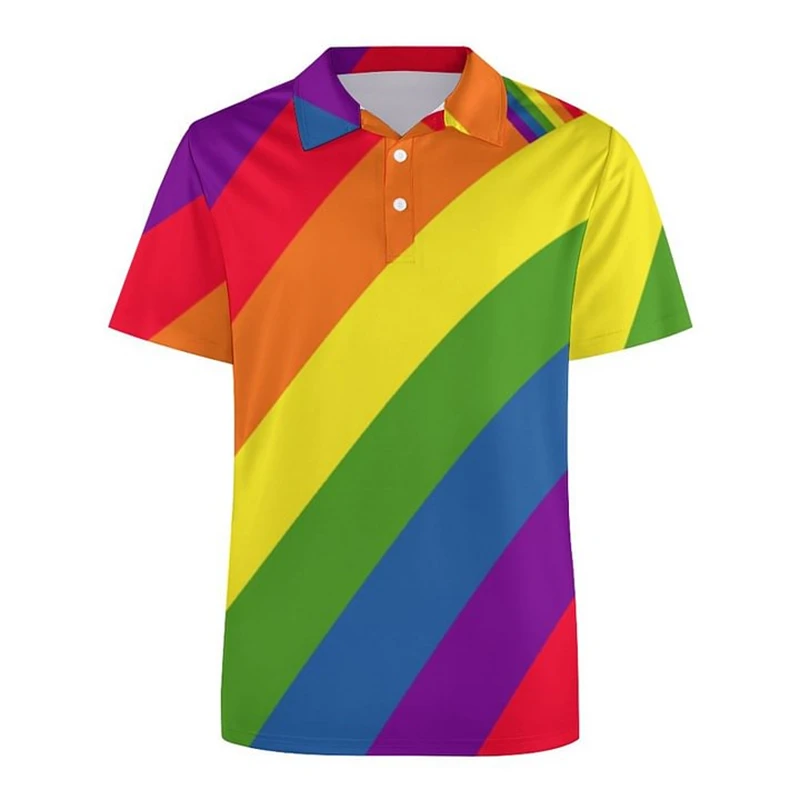 Colorful LGBT Rainbow 3D Print Polo Shirt For Men Clothes Harajuku Stripes Short Sleeve Cool Street Button Lapel Tee Shirts